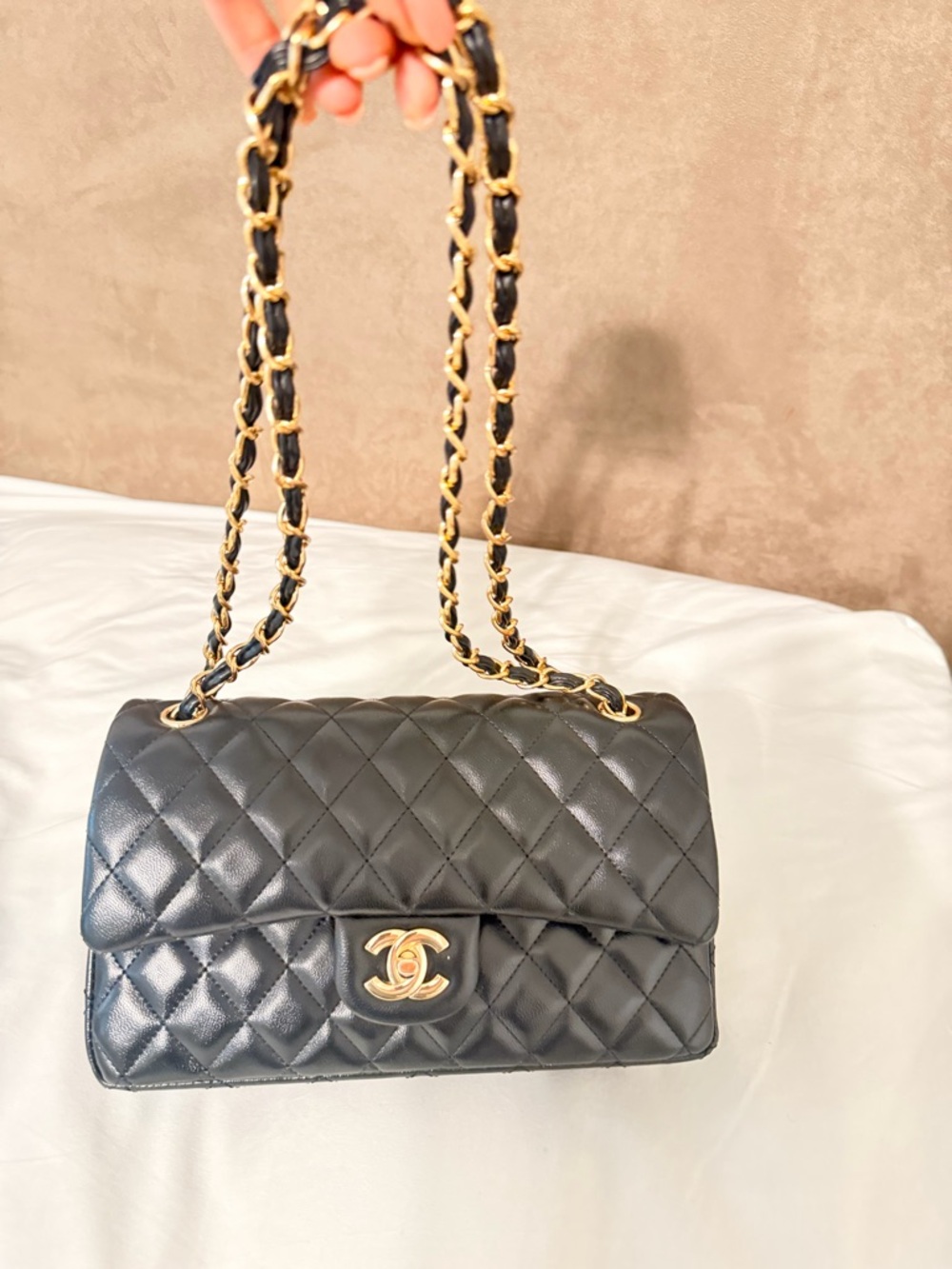 Black Quilted Shoulder Bag with Gold Chain